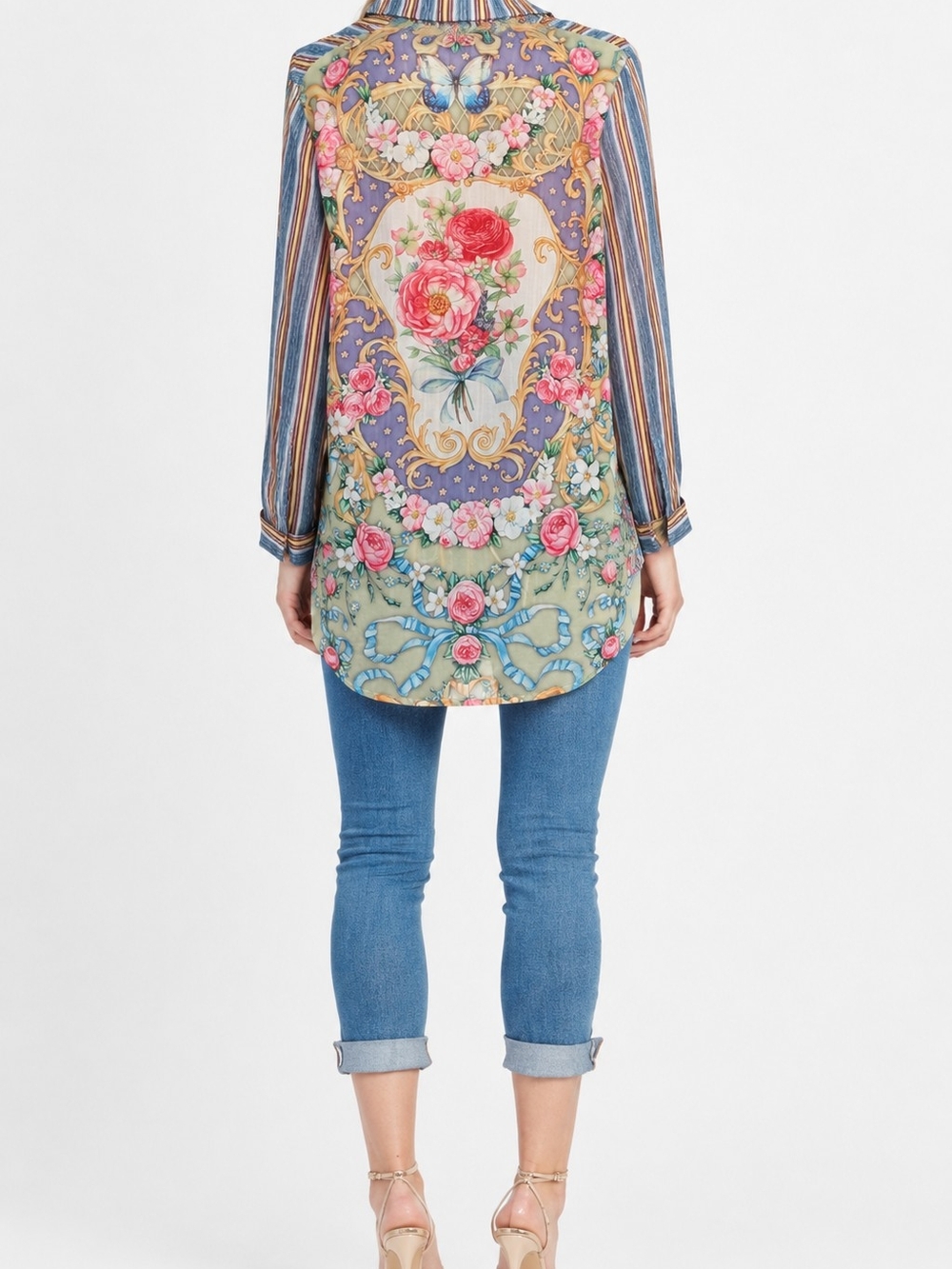 Aratta Silent Journey Shirt Stripe Blue Pink  Floral Collar
